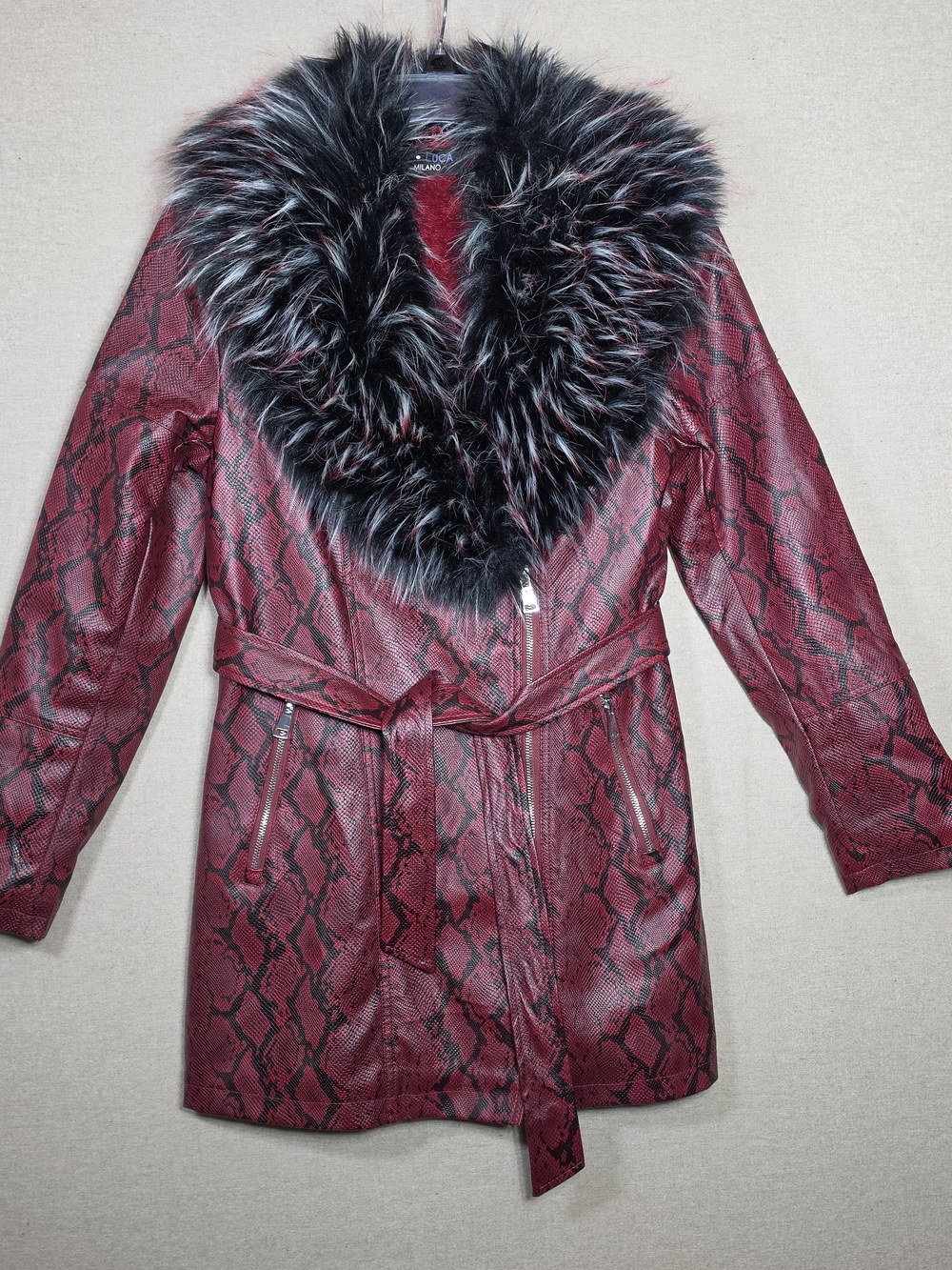 P Luca Milano Red Snake Print Trench Coat Black Removable Faux-Fur Collar M/L